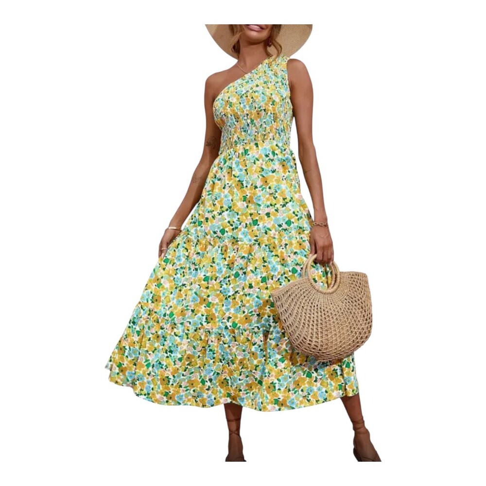 NWT Zesica Yellow‎ Blue Floral One Shoulder Smocked Tiered Dress Size Large